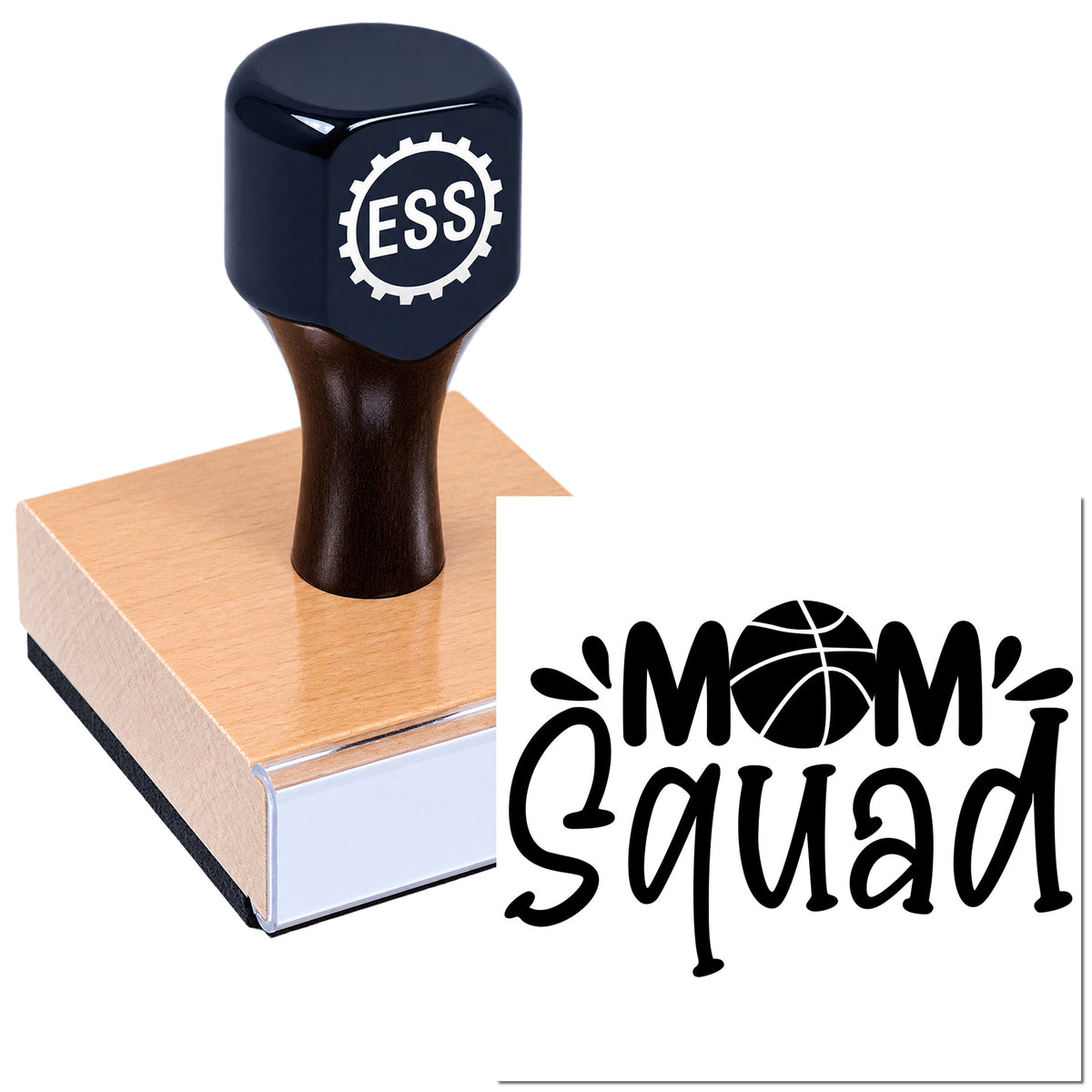 Black ESSI custom stamp and seal with pink base, showing a Mom Squad basketball logo on white background.