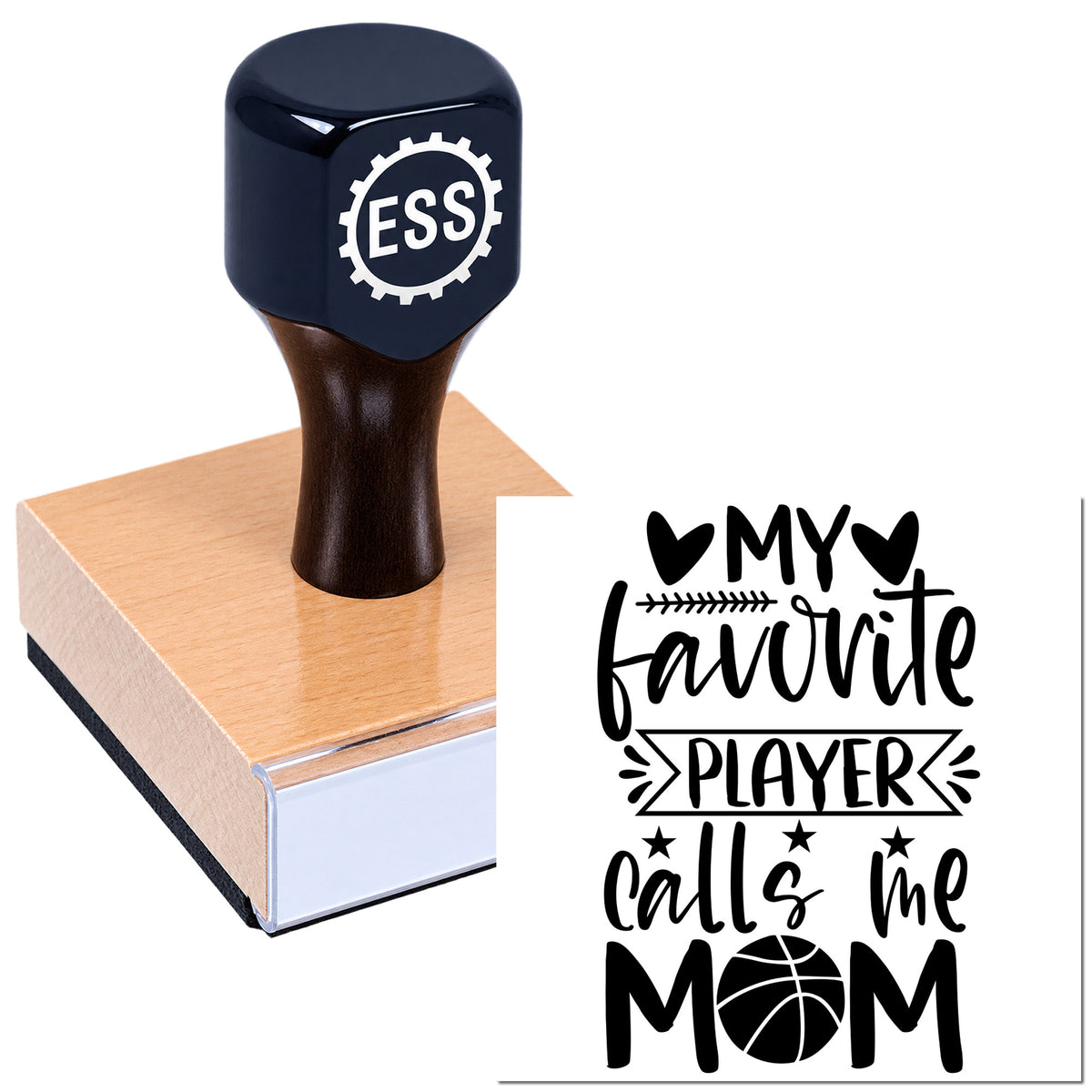 Custom rubber stamp with dark blue handle and wooden base, showing black "My favorite player calls me MOM" design with basketball icon.