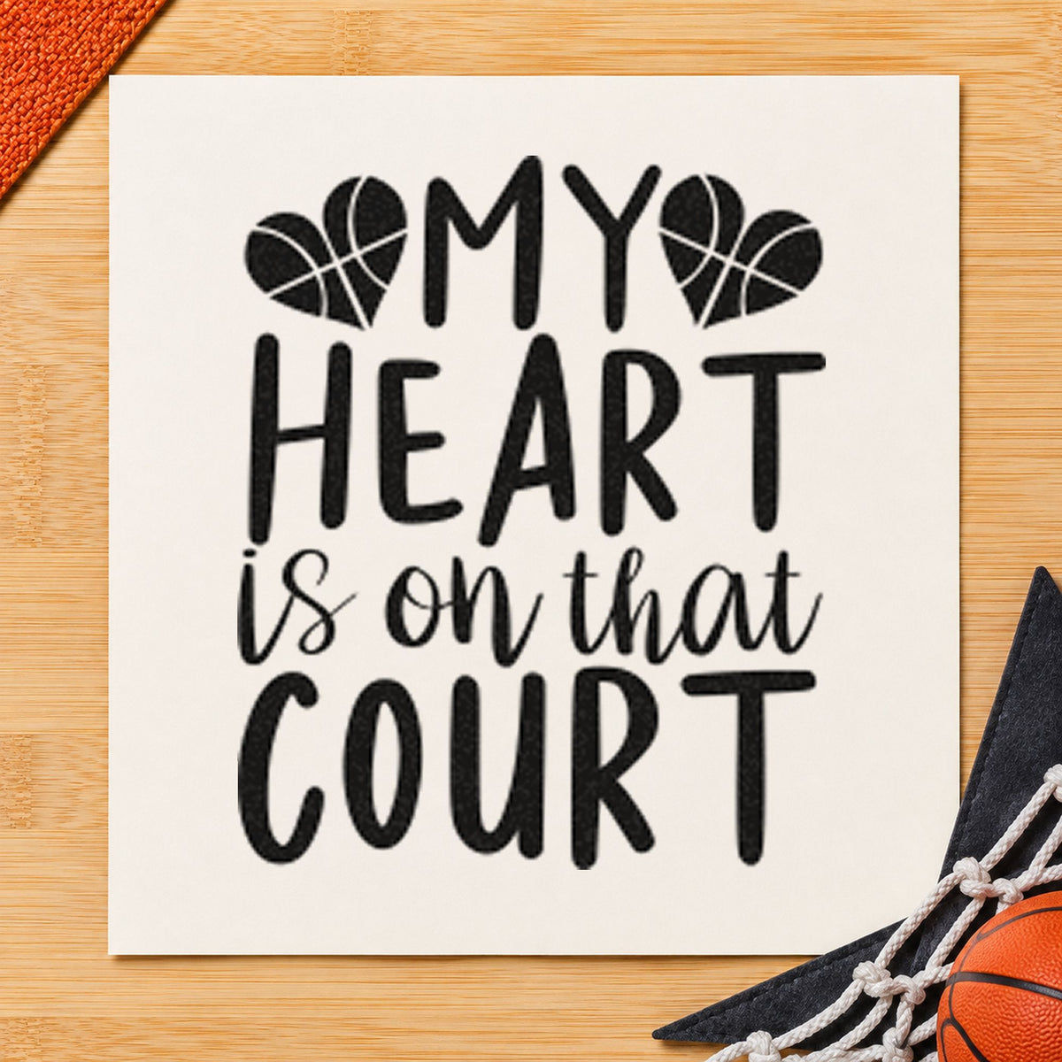 Heart On That Court craft stamp imprint in black ink on a handmade project, one idea being road snack gift tags.