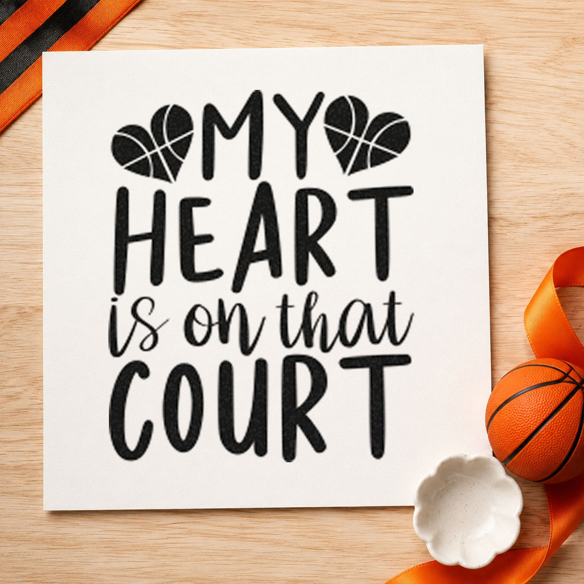 Heart On That Court rubber stamp printed in black ink, ready for travel plan sheet and similar paper crafts.