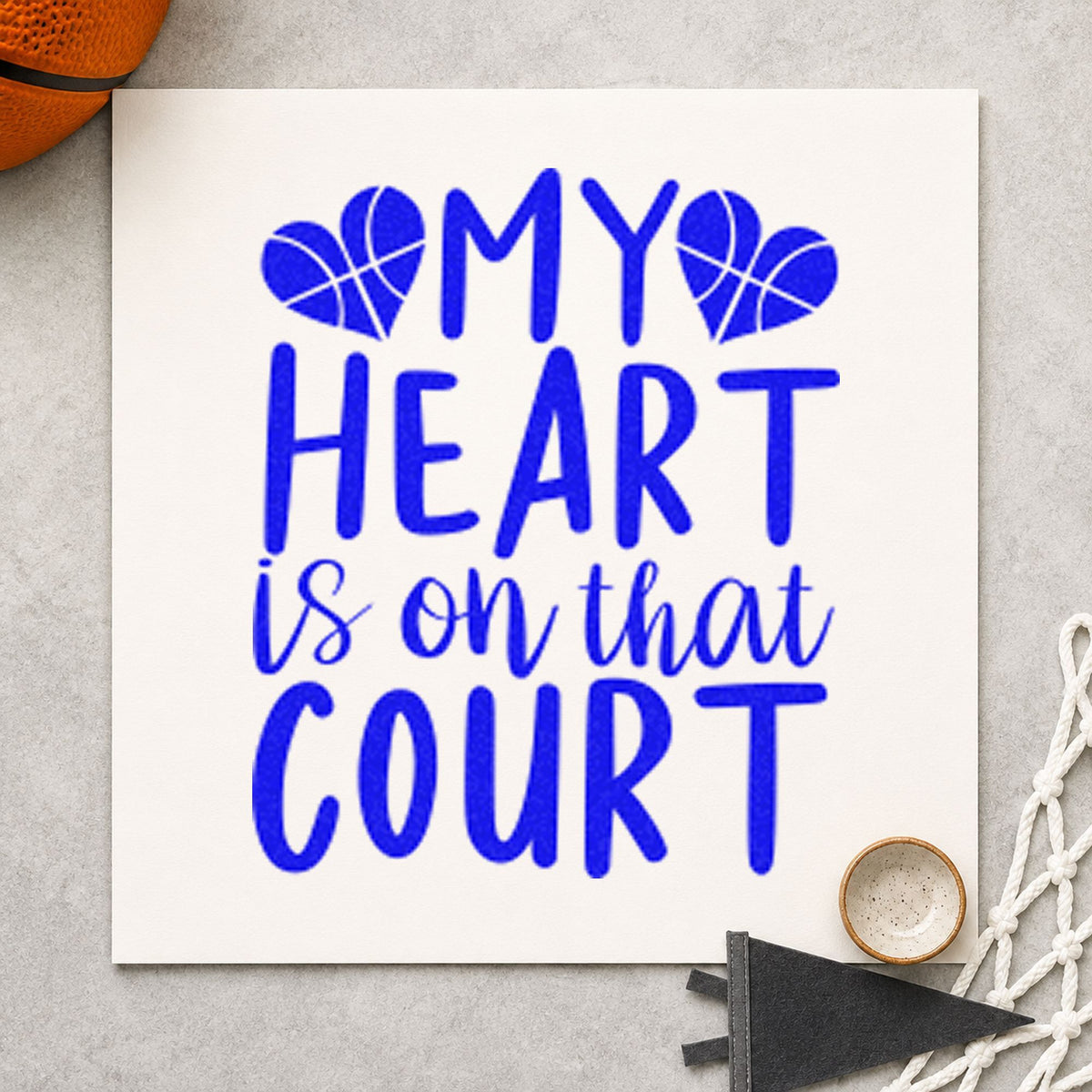 Heart On That Court craft stamp imprinted in blue ink on paper, a design suited to framed garage hook.