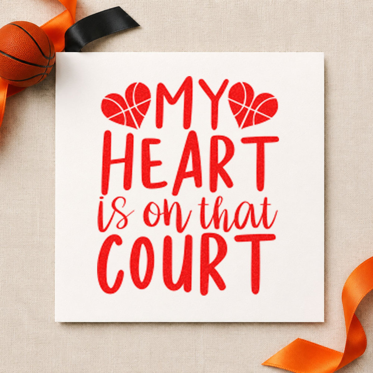 Heart On That Court craft stamp imprint in red ink on a handmade project, one idea being directions cards.