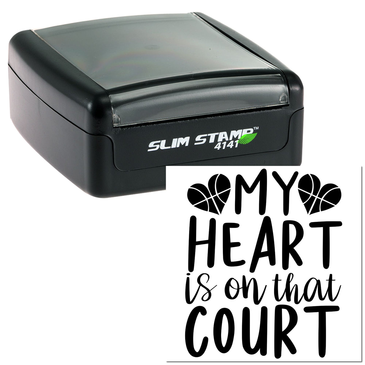Black slim self-inking stamp with My Heart is on that Court basketball-heart seal design