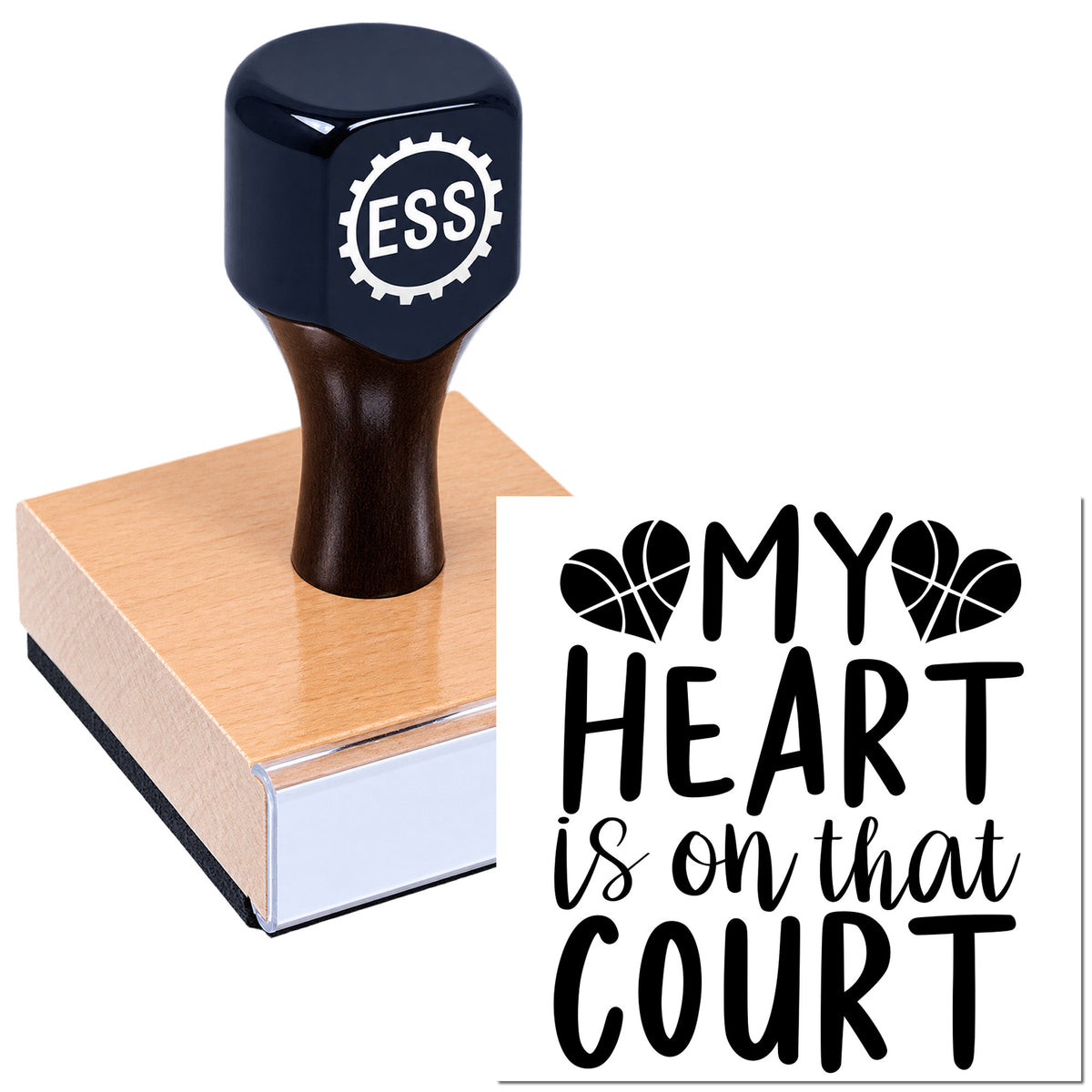 Black ESSI custom stamp and seal on pink paper with a "My Heart Is on That Court" basketball-heart design.