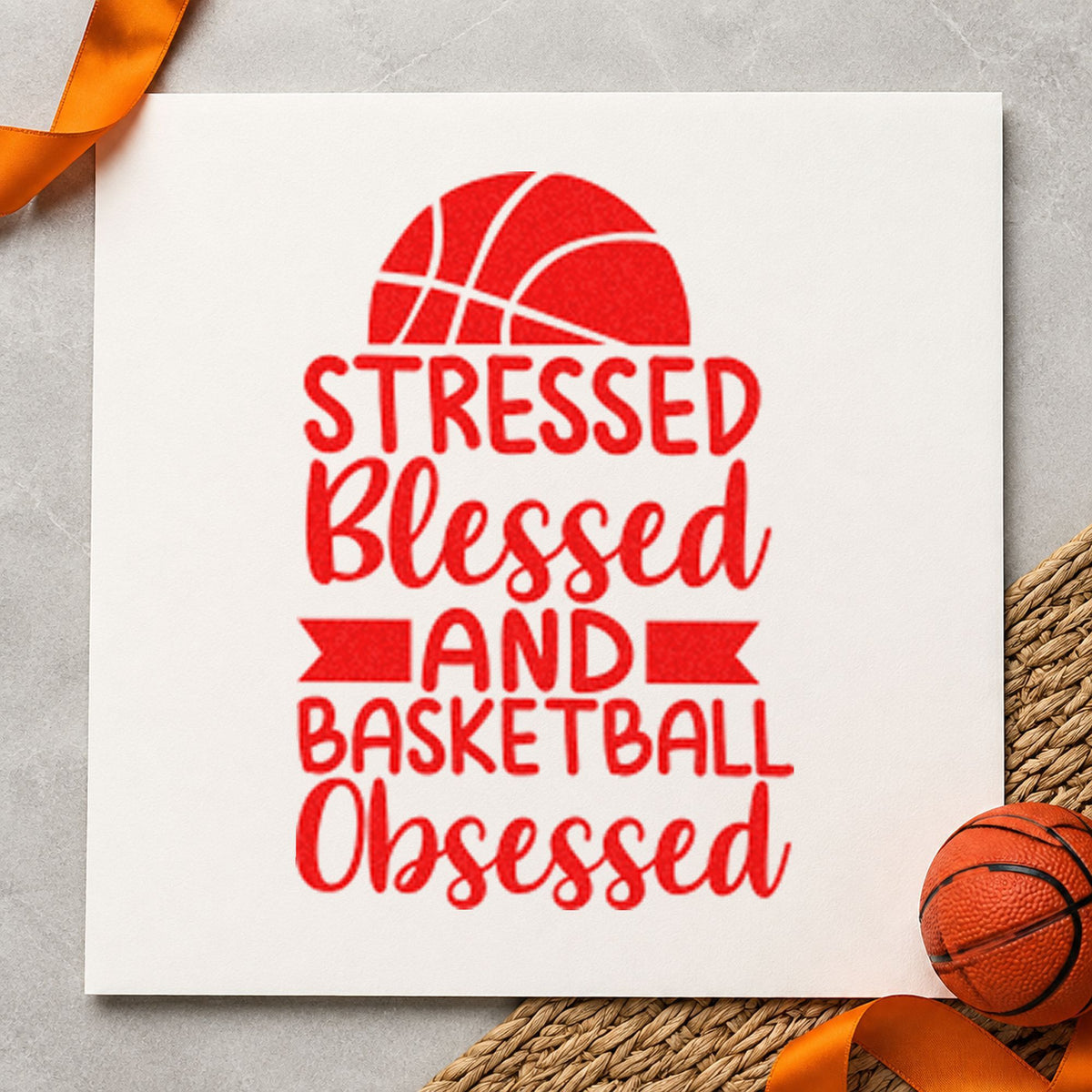 Stressed Blessed Basketball Obsessed craft stamp imprint in red ink on a handmade project, one idea being task check cards.