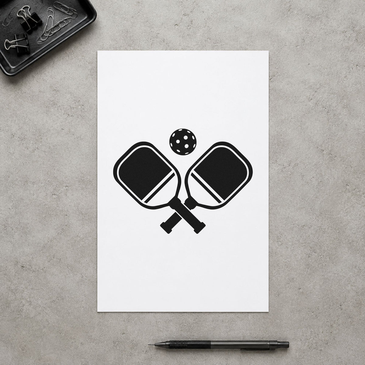 Crossed Pickleball Paddles Ball craft stamp in black ink on cardstock, an easy option for club year album page.