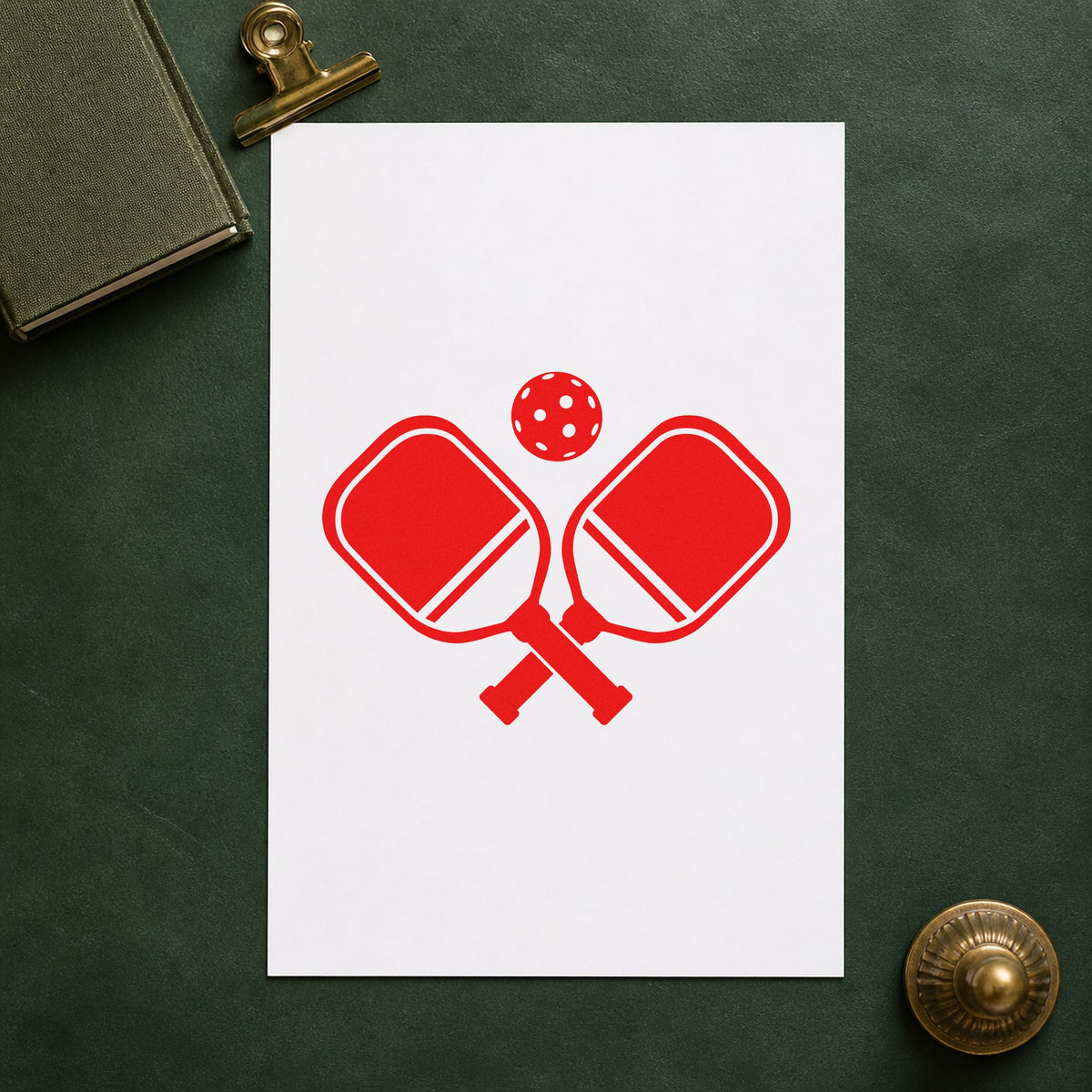 Crossed Pickleball Paddles Ball rubber stamp shown in red ink, stamped for projects such as rack paddle labels.