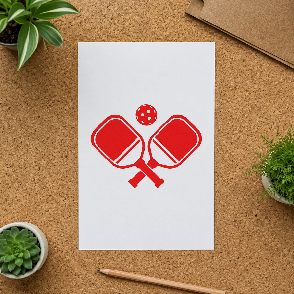 Crossed Pickleball Paddles Ball craft stamp imprint in red ink on a handmade project, one idea being member info cards.