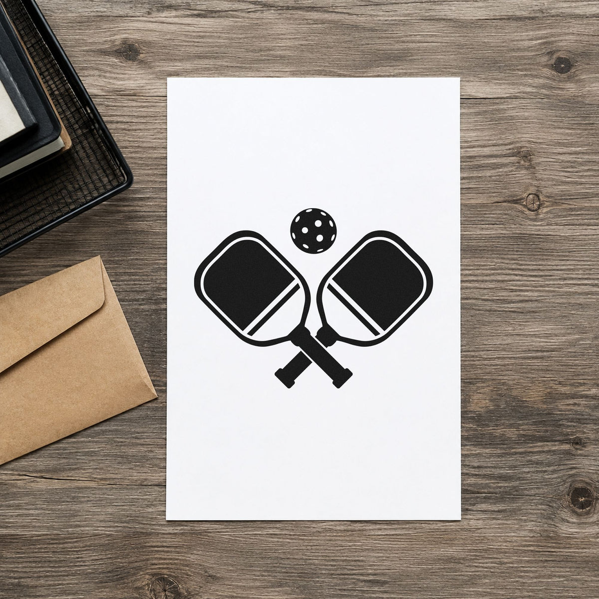 Crossed Pickleball Paddles Ball rubber stamp printed in black ink, ready for crossed paddle cards and similar paper crafts.