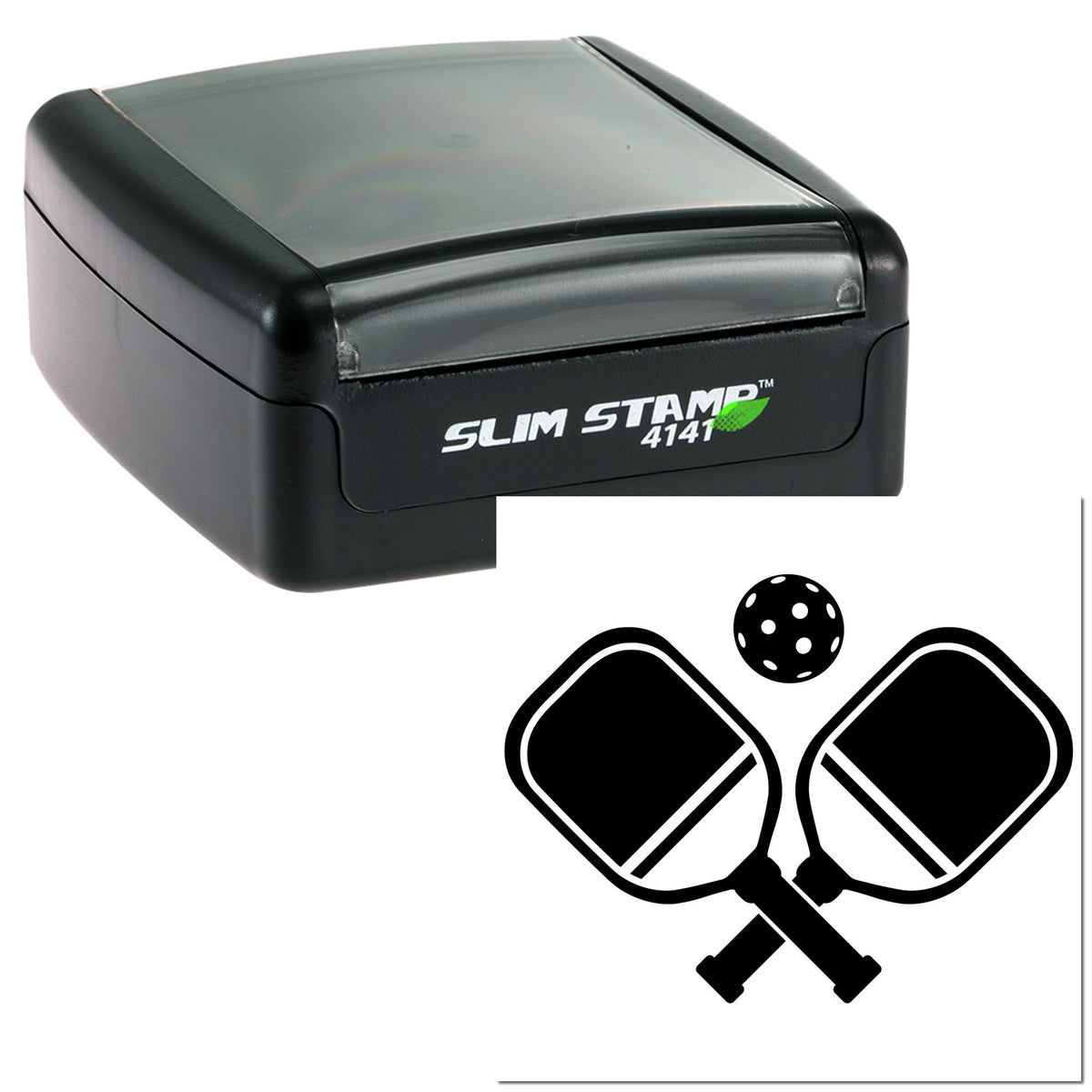 Black Slim Stamp 4141 self-inking stamp and seal set with translucent gray cover and crossed paddle seal icon.