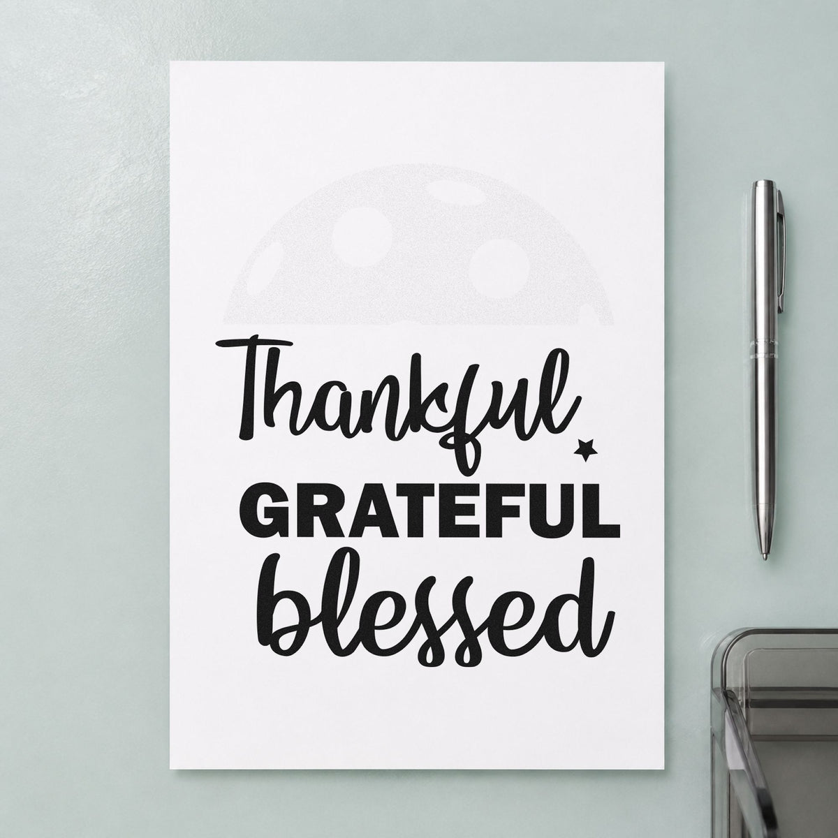 Thankful Grateful Blessed Script craft stamp imprint in black ink on a handmade project, one idea being dish share gift tags.