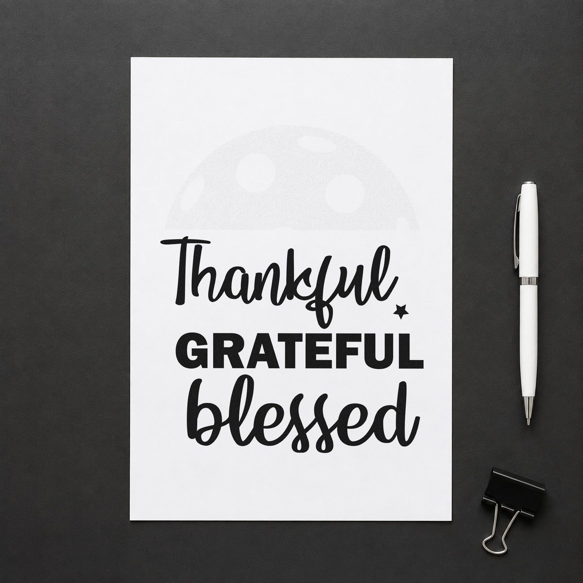 Thankful Grateful Blessed Script rubber stamp printed in black ink, ready for dish signup sheet and similar paper crafts.