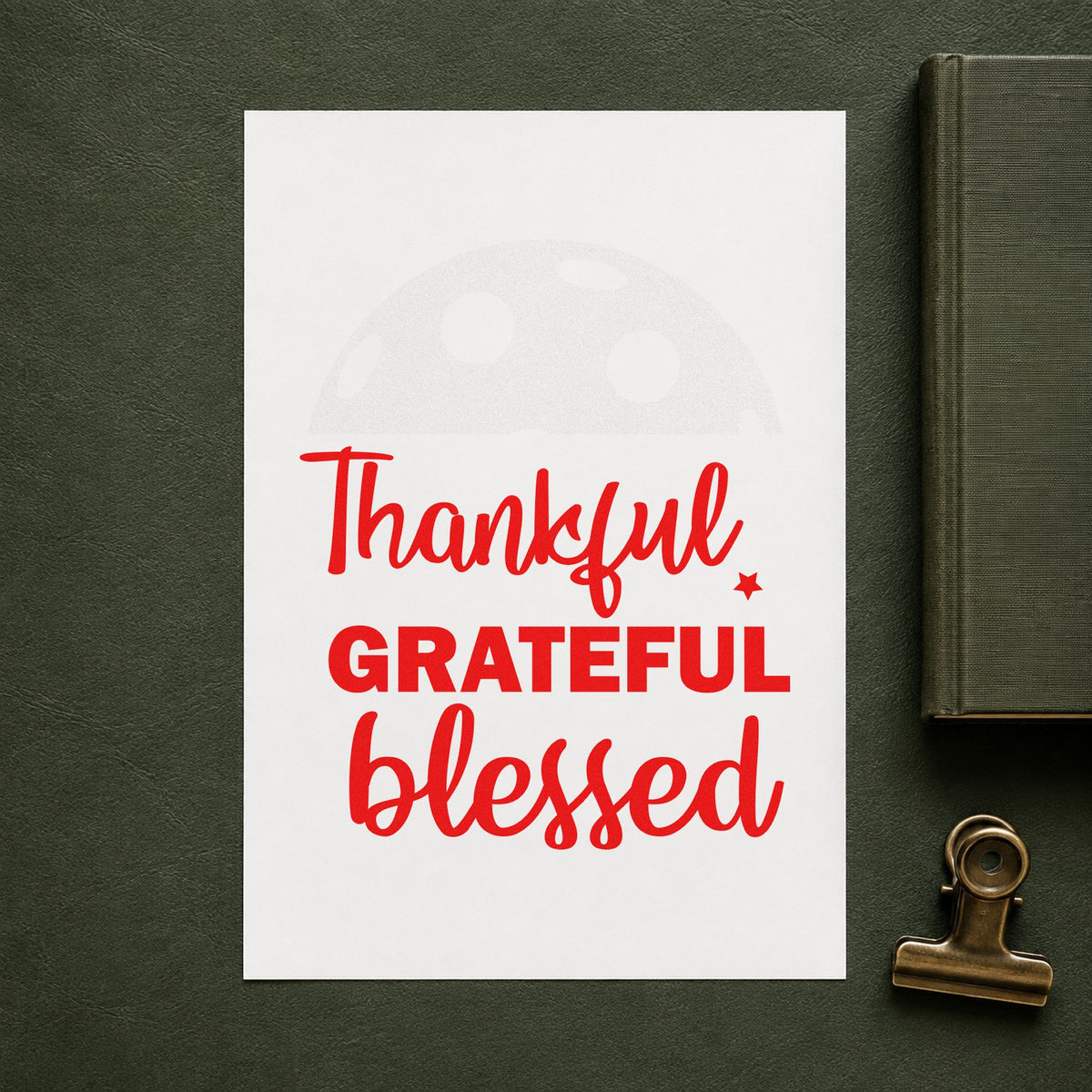 Thankful Grateful Blessed Script rubber stamp shown in red ink, stamped for projects such as bin serving labels.