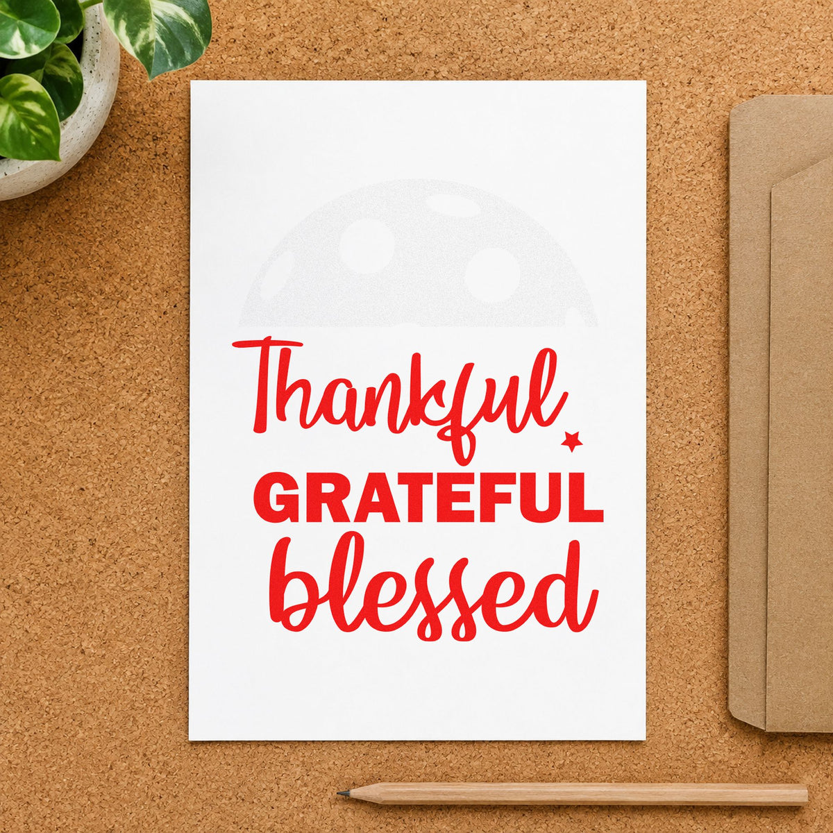 Thankful Grateful Blessed Script craft stamp imprint in red ink on a handmade project, one idea being gratitude slip cards.