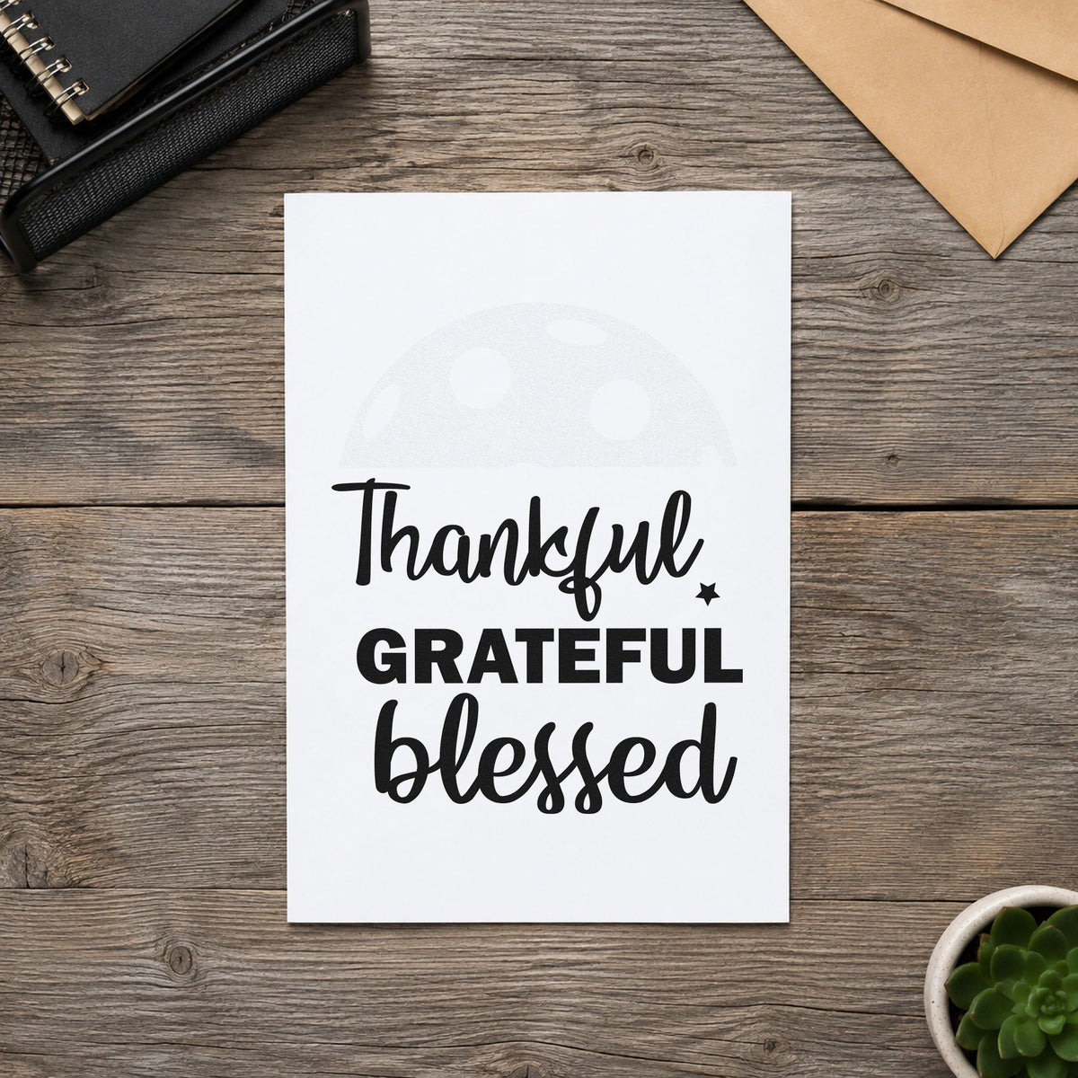 Thankful Grateful Blessed Script rubber stamp printed in black ink, ready for tiny star cards and similar paper crafts.