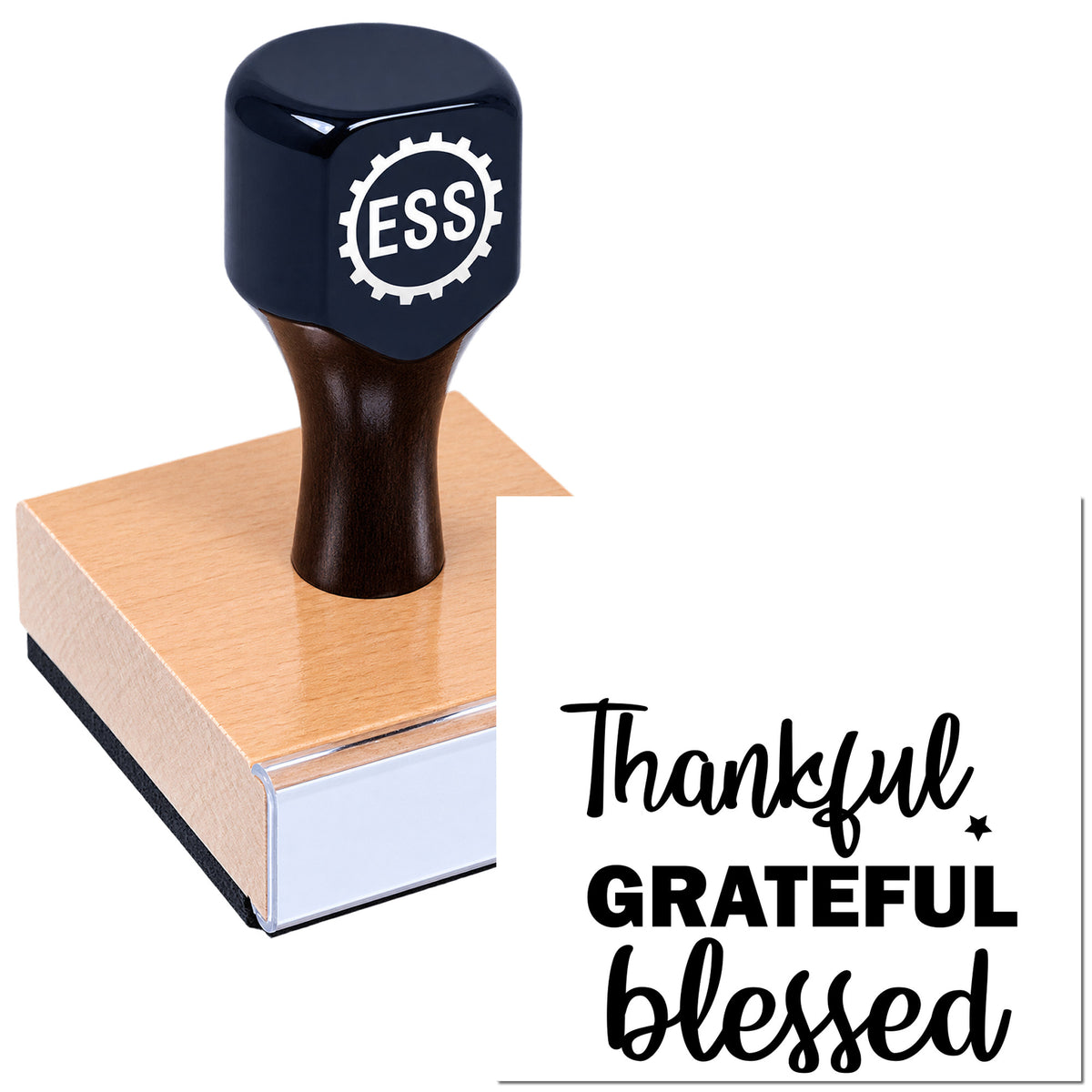 Black ESS stamp and seal on a pink wood block, with sample black "Thankful, Grateful, Blessed" impression.