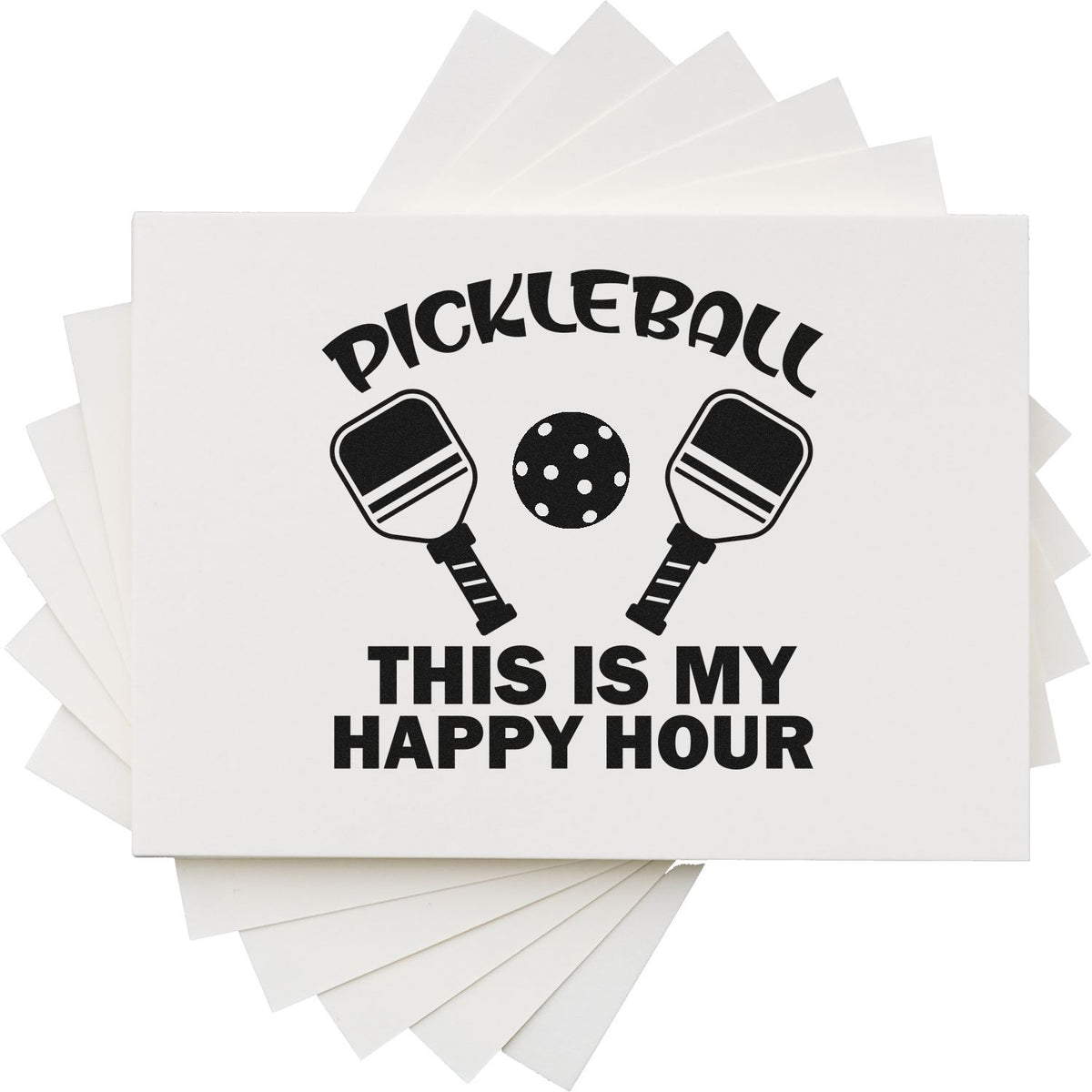 White pickleball stamp and seal sheets with black paddles, ball, and This Is My Happy Hour text.