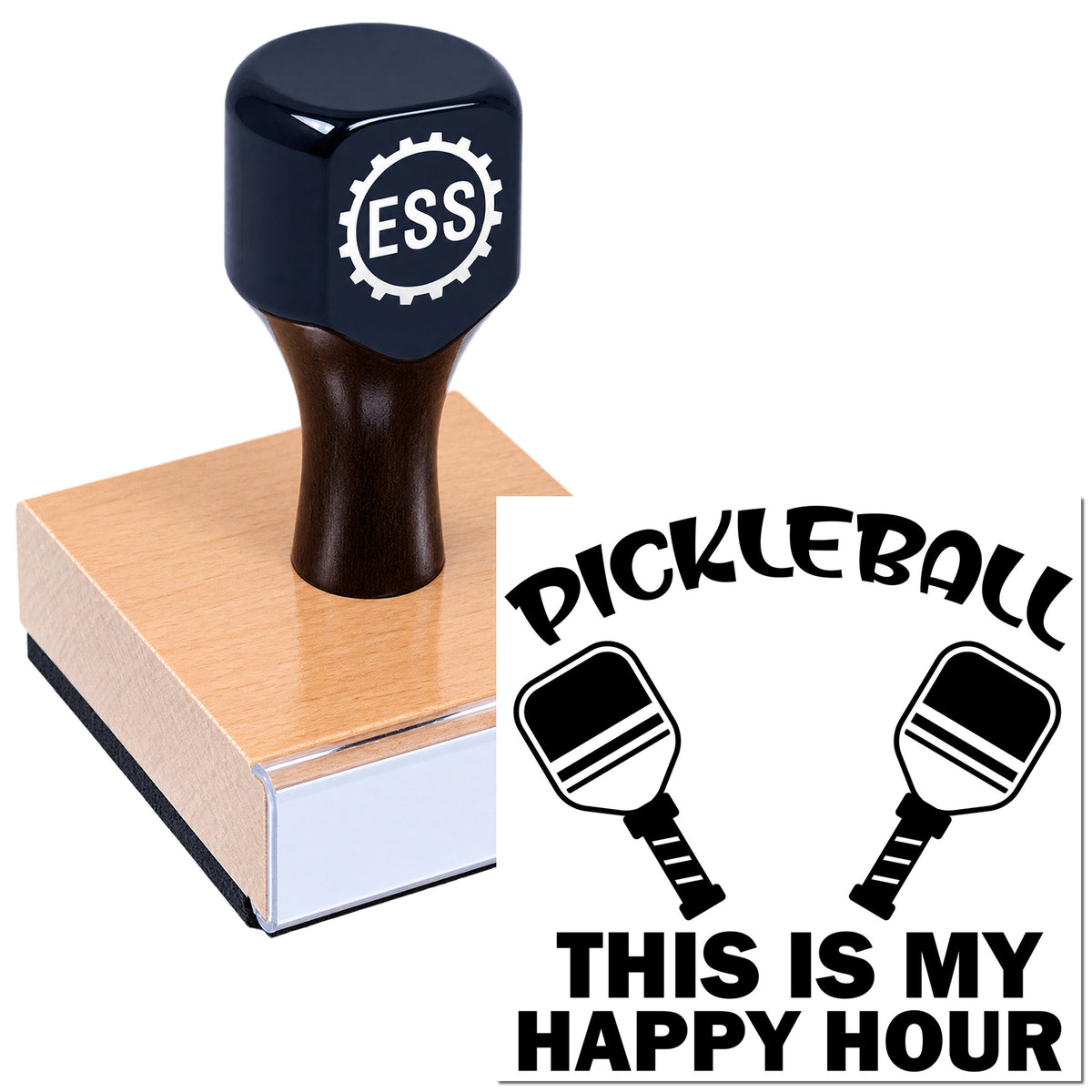 Navy ESS rubber stamp with wood handle on pink block beside black Pickleball "This Is My Happy Hour" seal graphic.