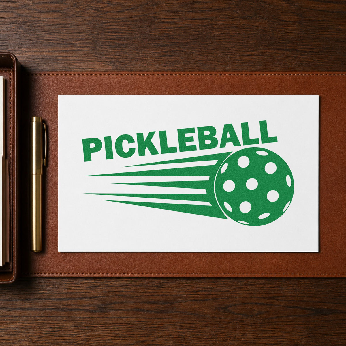 Pickleball Speeding Ball Graphic craft stamp in green ink on cardstock, an easy option for clinic album page.