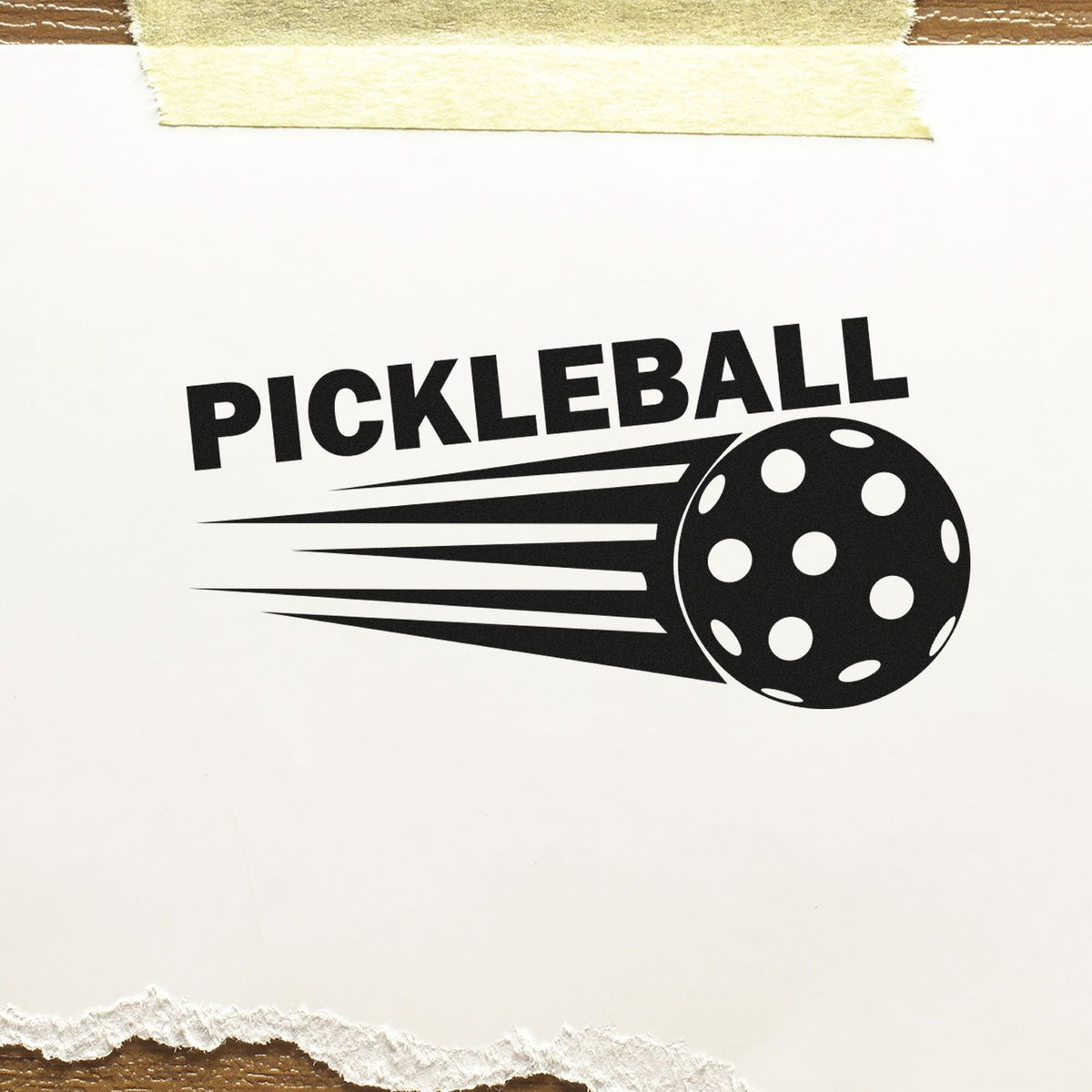 Black pickleball seal stamp design with bold text and ball icon on white paper, taped top, torn bottom.