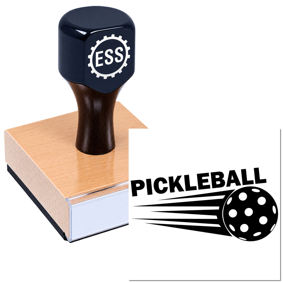 Dark navy ESS rubber stamp with wooden base and Pickleball seal graphic on white background.