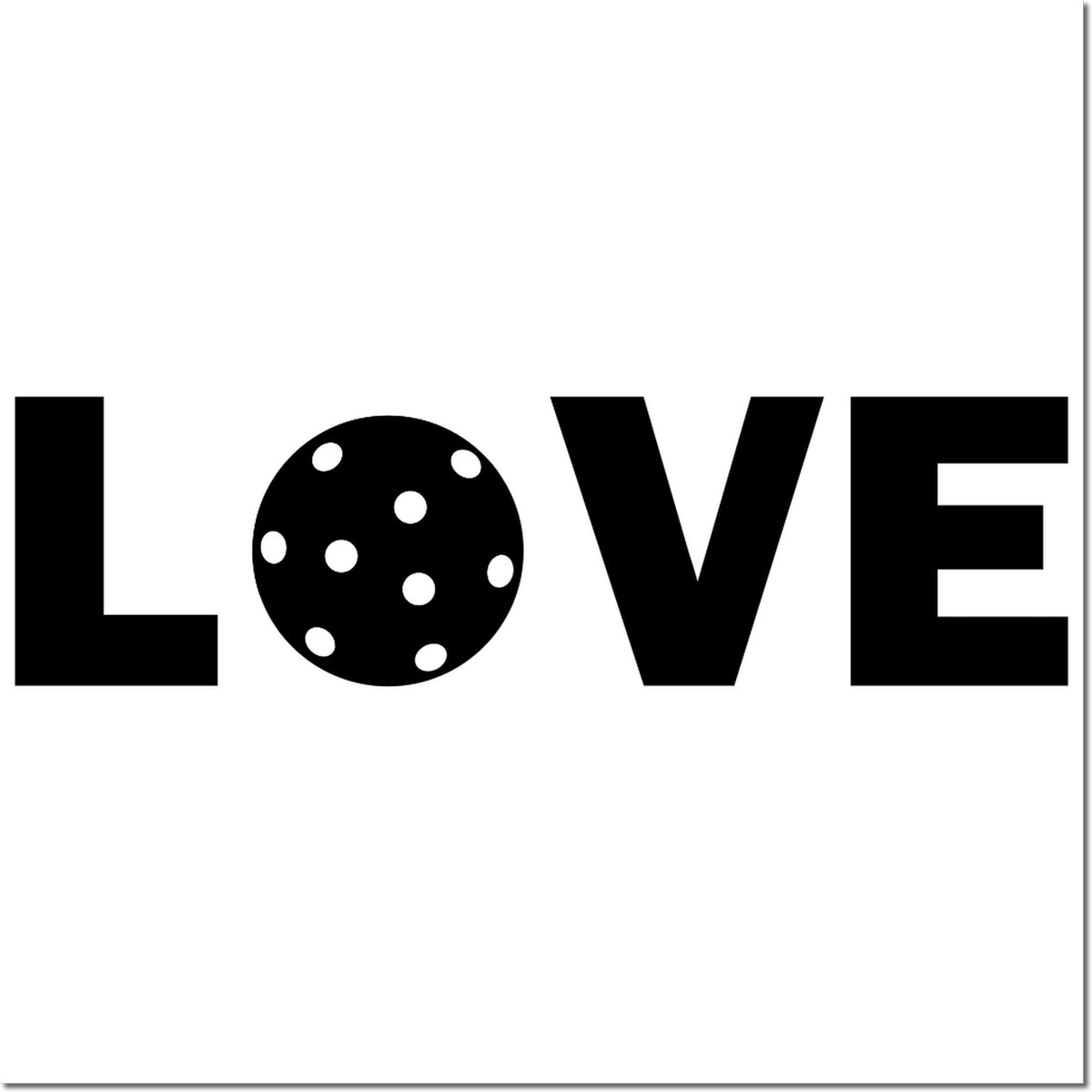Black LOVE stamp and seal design on white, with a dotted circular O and bold black block letters.