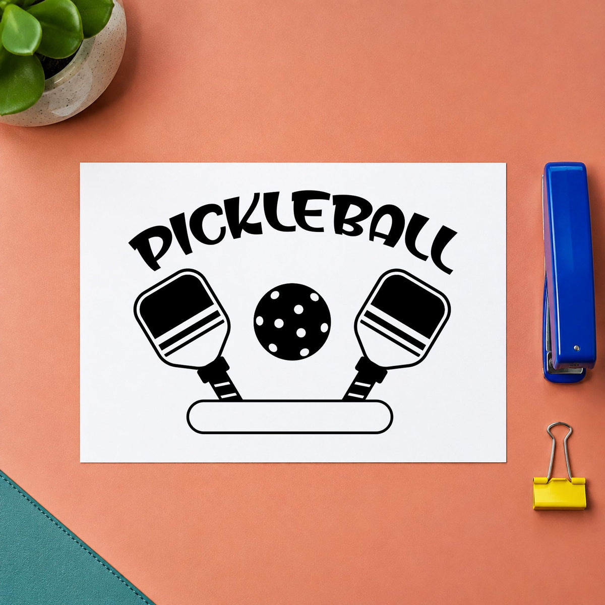 Pickleball Paddles Blank Banner craft stamp imprint in black ink on a handmade project, one idea being team bag gift tags.