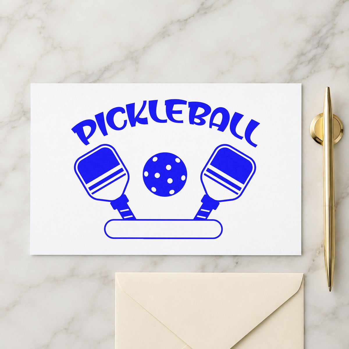 Pickleball Paddles Blank Banner craft stamp in blue ink on cardstock, an easy option for team banner printing.