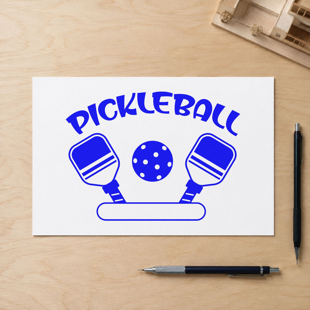 Pickleball Paddles Blank Banner craft stamp imprinted in blue ink on paper, a design suited to framed check in tent.