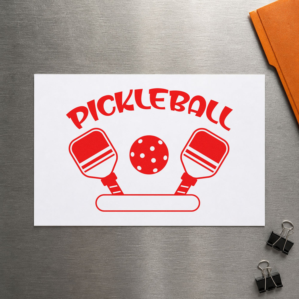 Pickleball Paddles Blank Banner craft stamp imprint in red ink on a handmade project, one idea being pool play cards.