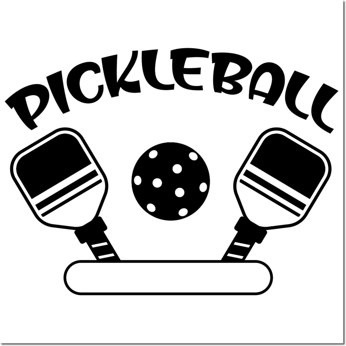 Black Pickleball stamp and seal design with two paddles, a dimpled ball, and arched text on a white background.