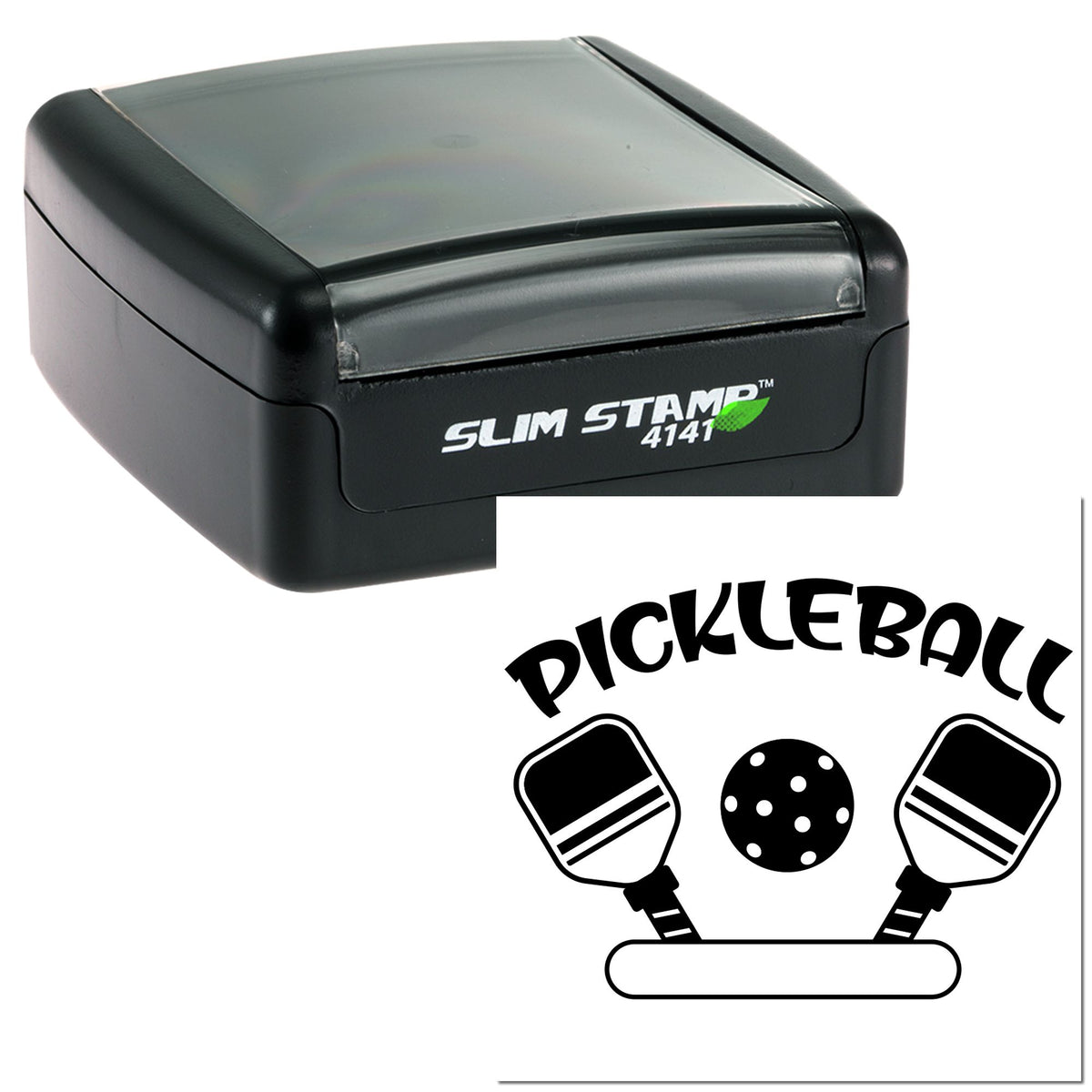 Black self-inking slim stamp and Pickleball seal graphic with paddles and ball on white background