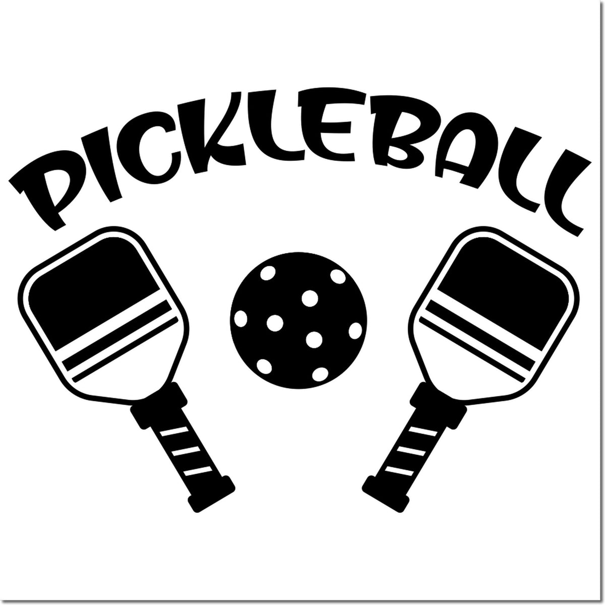 Black Pickleball stamp and seal design with arched text, two paddles, and a dotted ball on a white background.