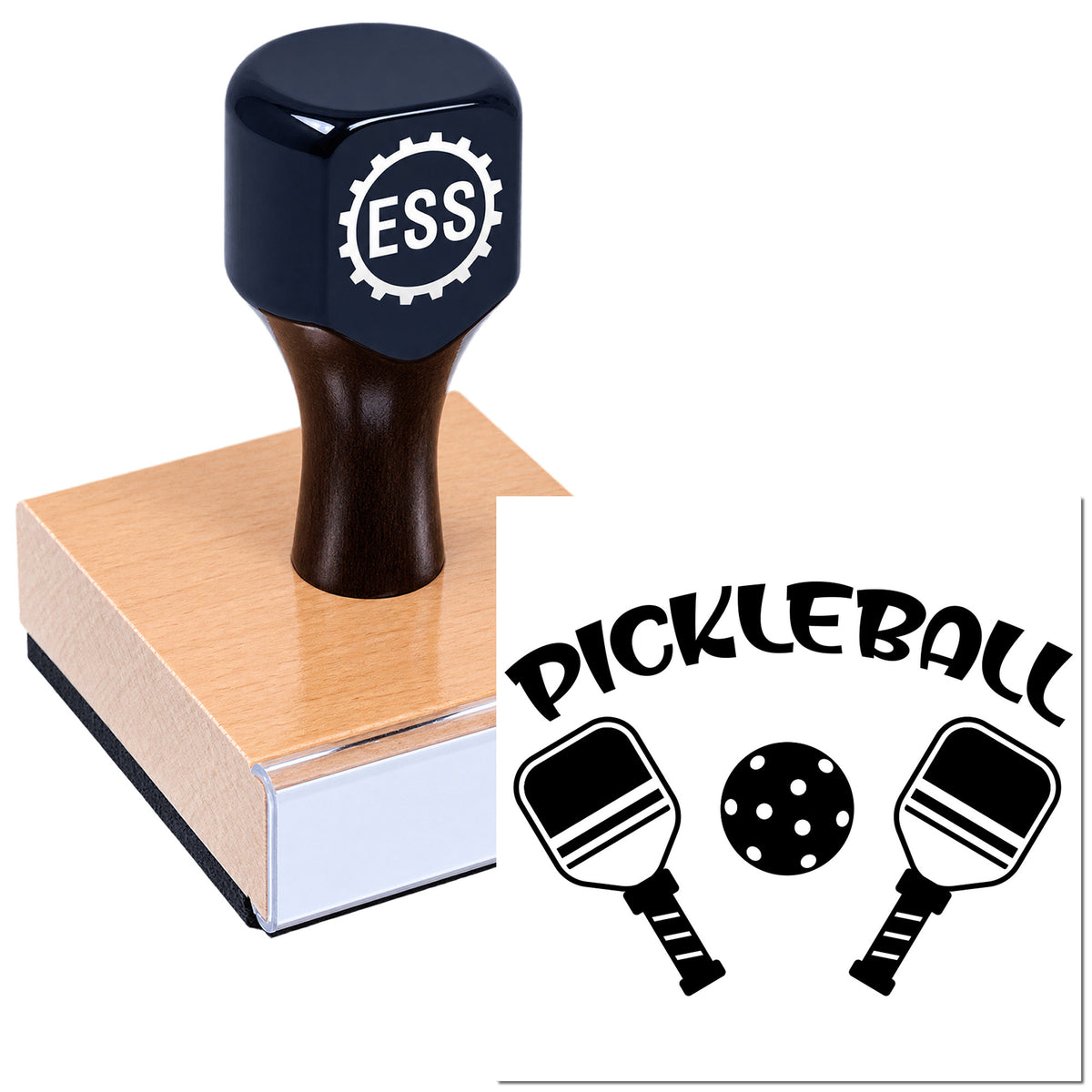 Black ESS rubber stamp on wood block with Pickleball seal logo, black text, and paddle icons on white background.