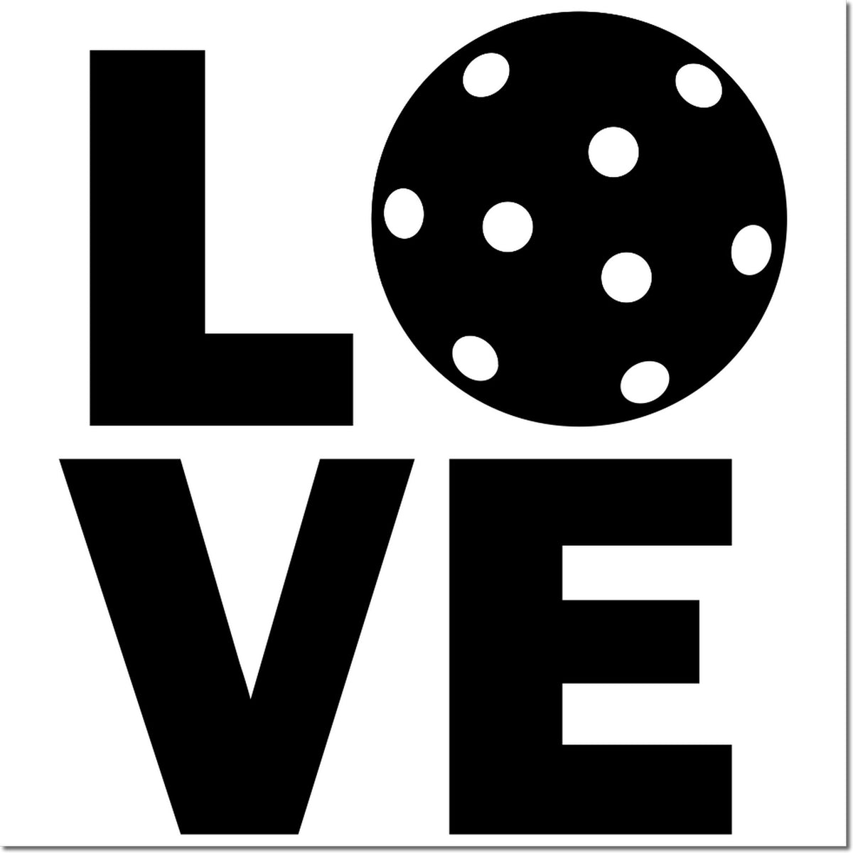 Black LOVE stamp and seal design with a polka-dot O on a white background