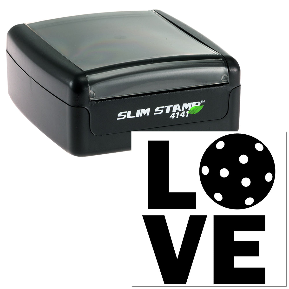 Black self-inking stamp with translucent gray cap beside bold black LOVE seal design on white background.