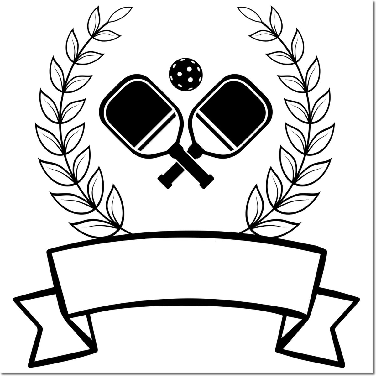 Black stamp and seal emblem with crossed paddles, dotted ball, leafy wreath, and blank banner.