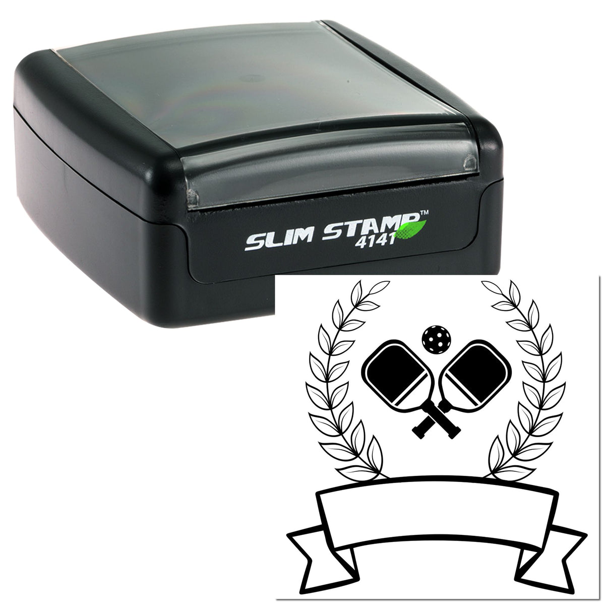 Black self-inking stamp and seal set with gray lid, laurel wreath, crossed paddles, and blank banner emblem