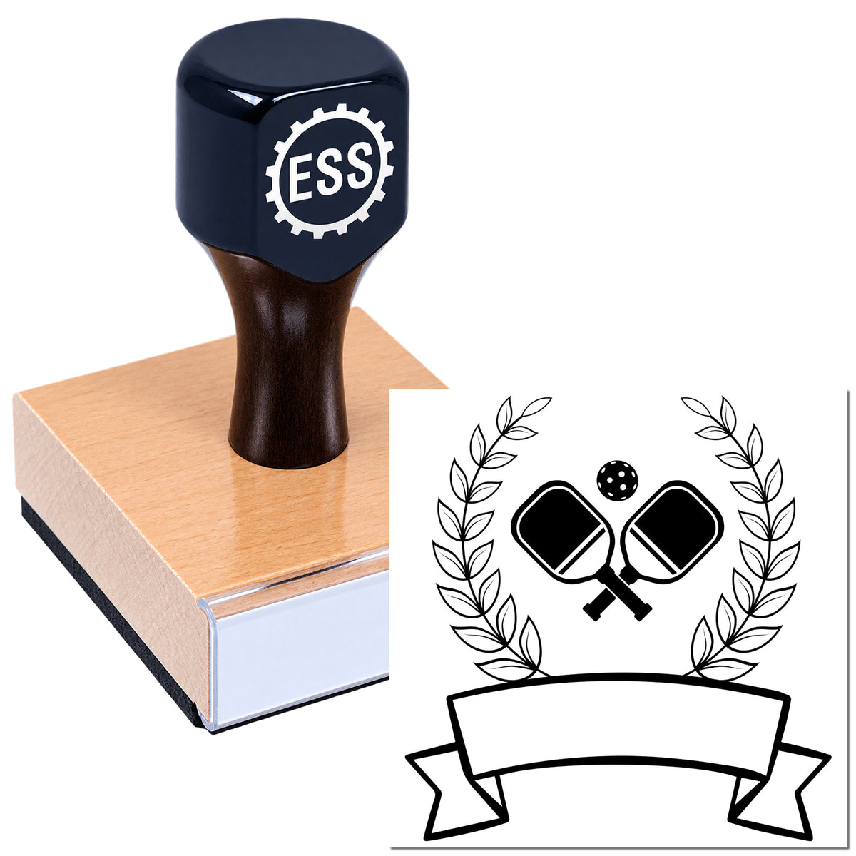 Black ESS rubber stamp on a wooden block beside a tennis seal emblem with laurel leaves and banner.