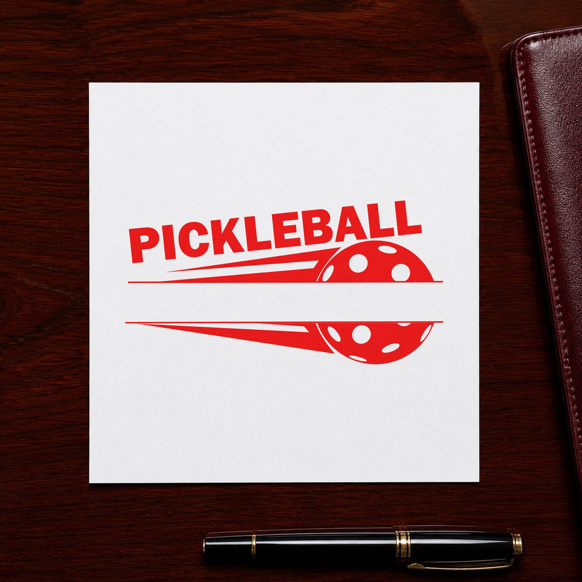 Pickleball Speed Blank Banner craft stamp imprint in red ink on a handmade project, one idea being pledge slip cards.