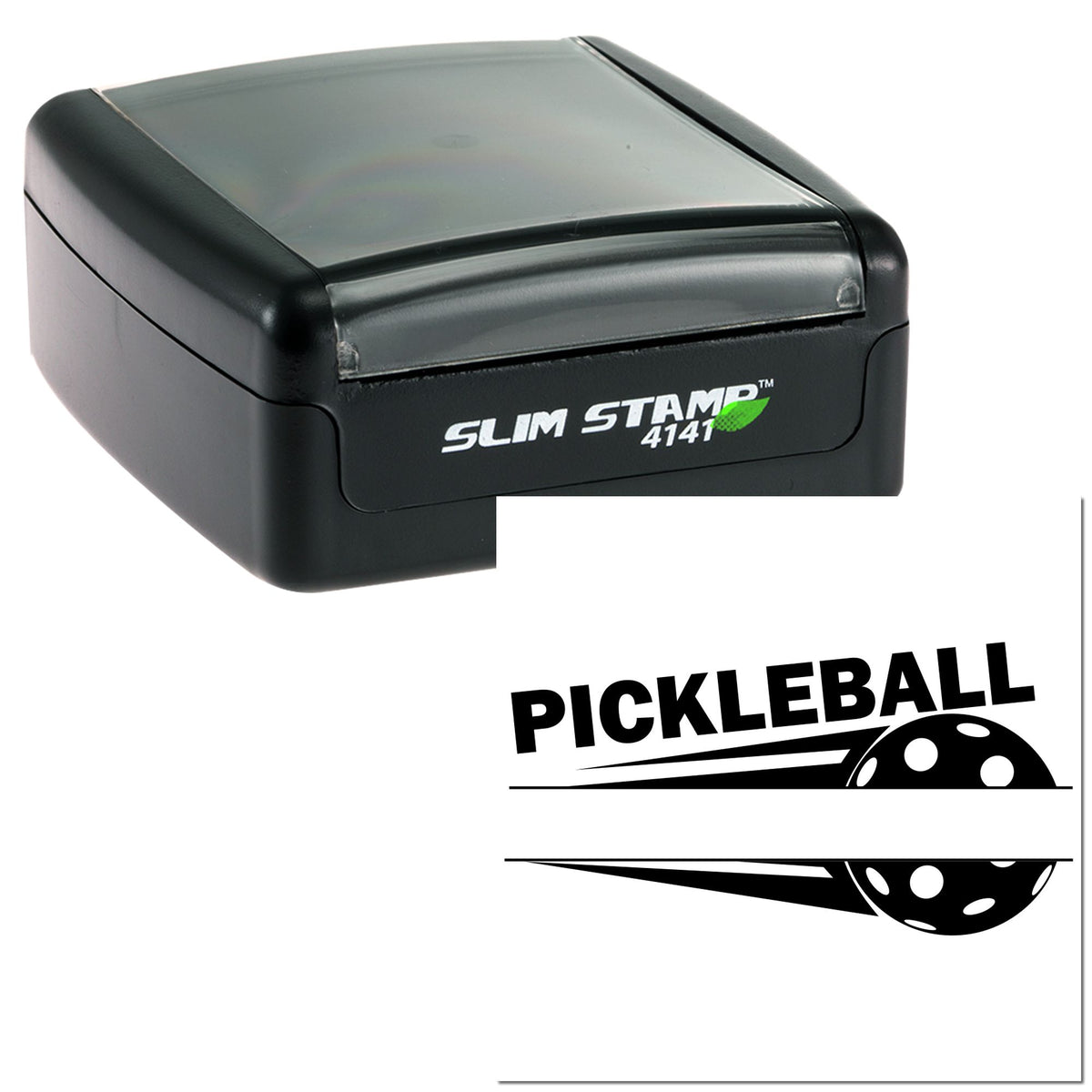 Black Slim Stamp 4141 self-inking seal with translucent gray cap and Pickleball logo design.