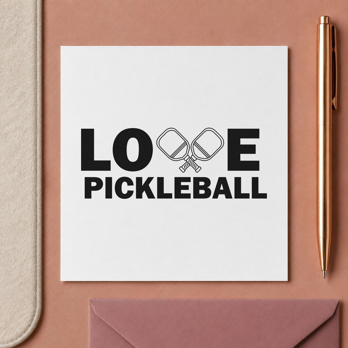 Love Pickleball Crossed Paddles craft stamp in black ink on cardstock, an easy option for pro shop album page.