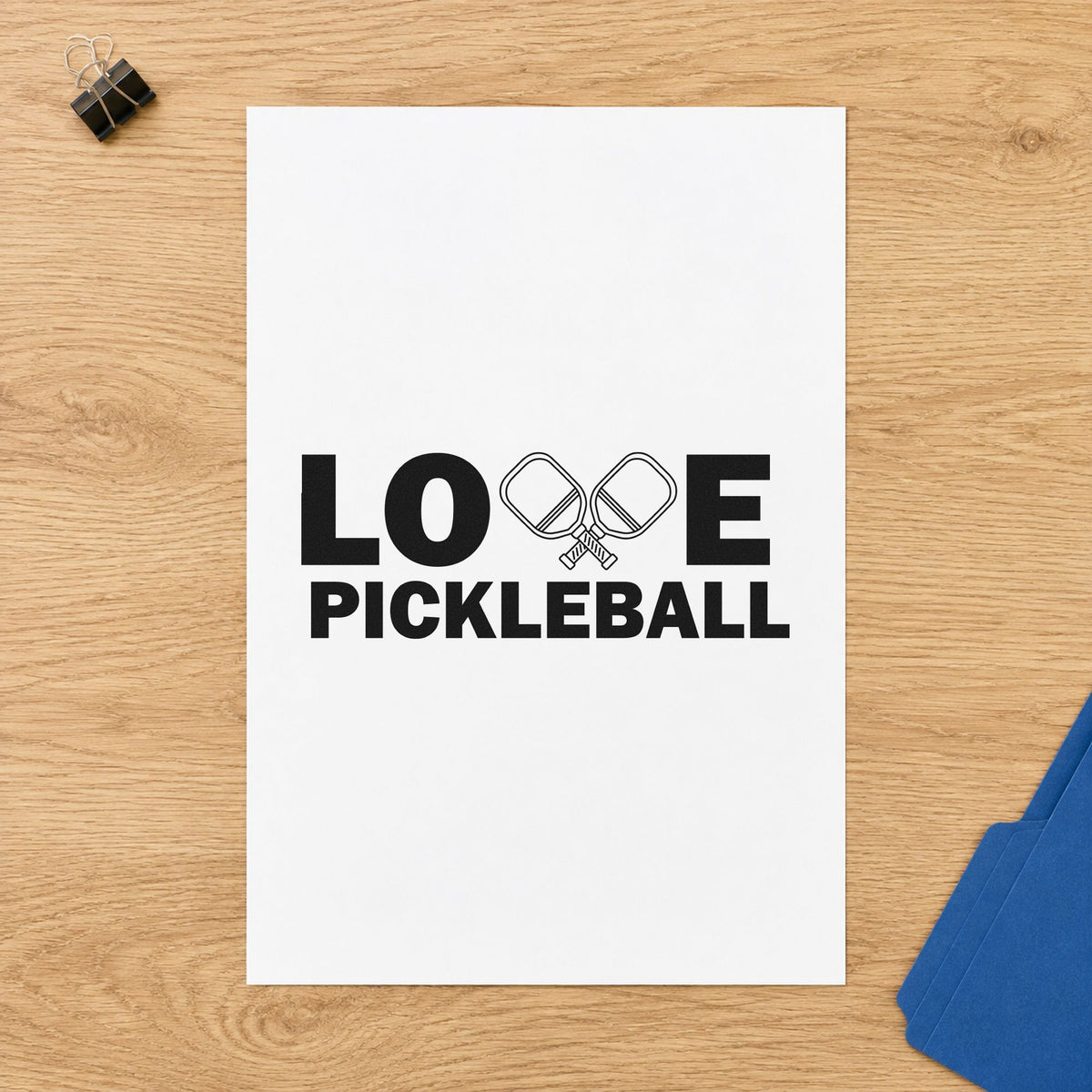 Love Pickleball Crossed Paddles rubber stamp printed in black ink, ready for stock order sheet and similar paper crafts.