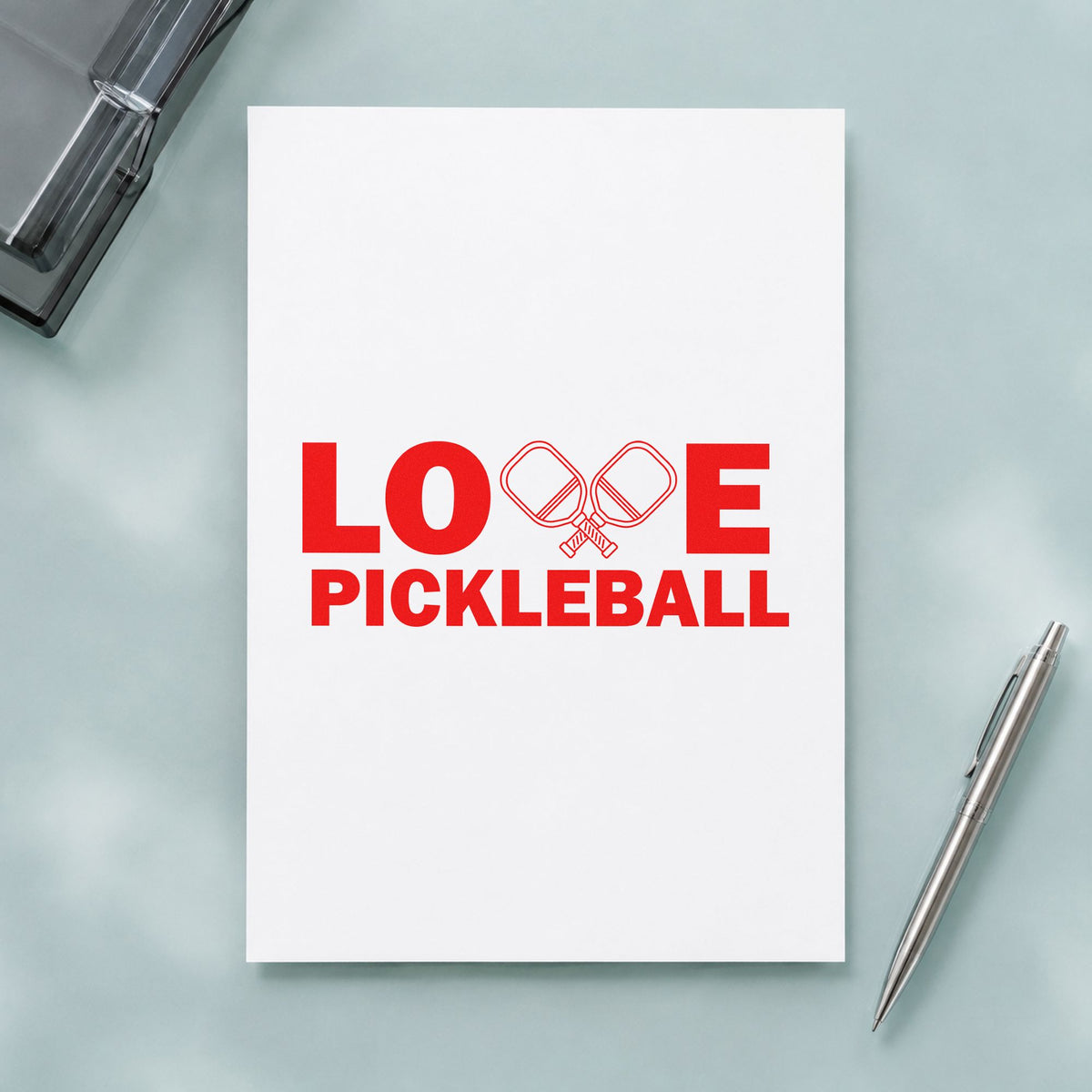 Love Pickleball Crossed Paddles rubber stamp shown in red ink, stamped for projects such as rack weight labels.