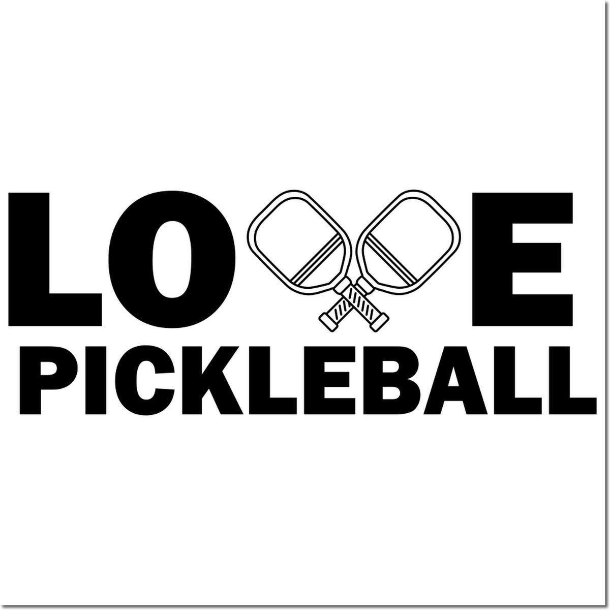 Black LOVE PICKLEBALL stamp seal with crossed pickleball paddles and bold black text on a white background.