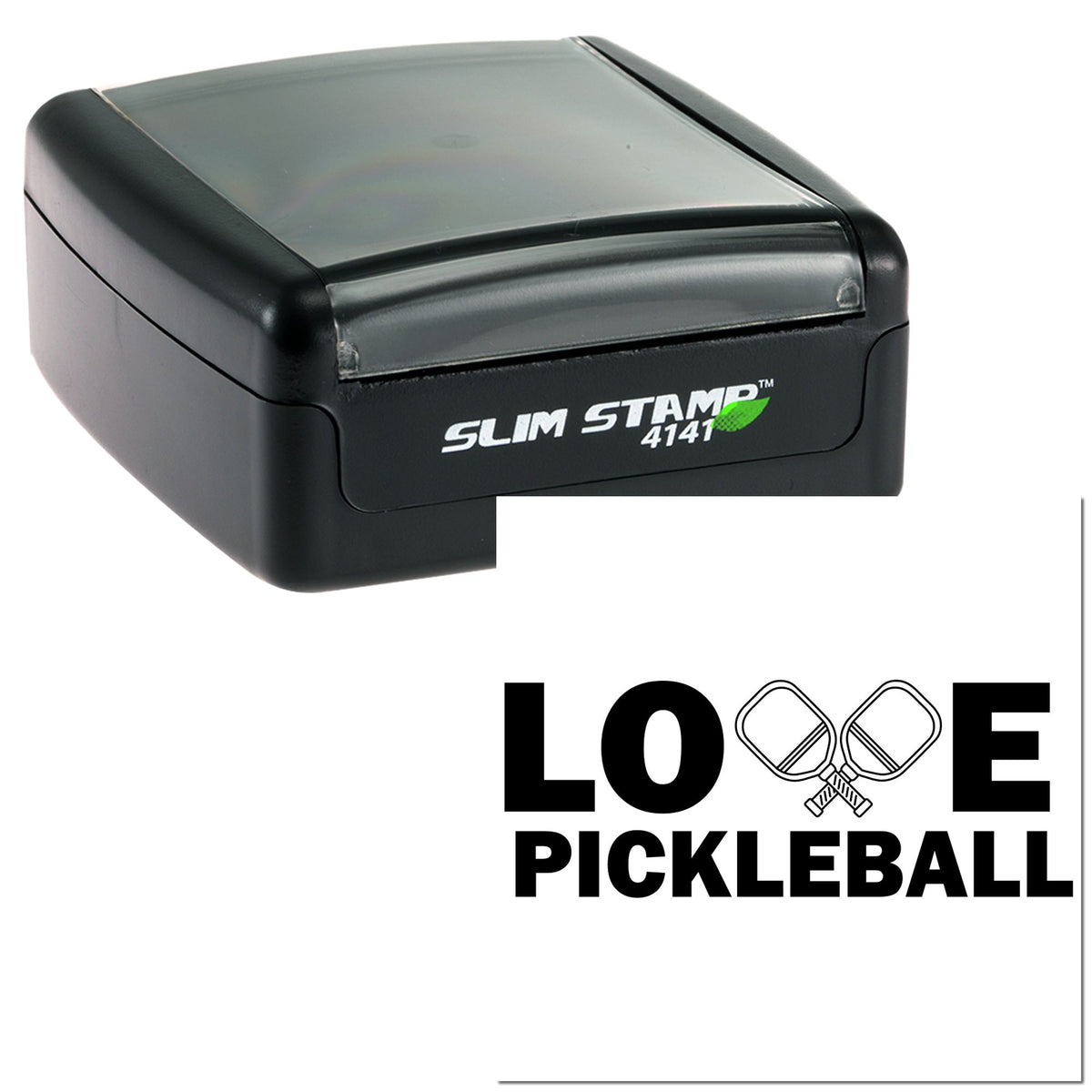 Black Slim Stamp 4141 self-inking stamp with translucent gray cap and Love Pickleball logo.
