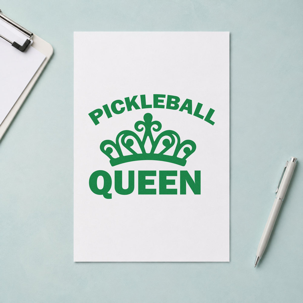 Pickleball Queen Crown Graphic craft stamp in green ink on cardstock, an easy option for women league album page.