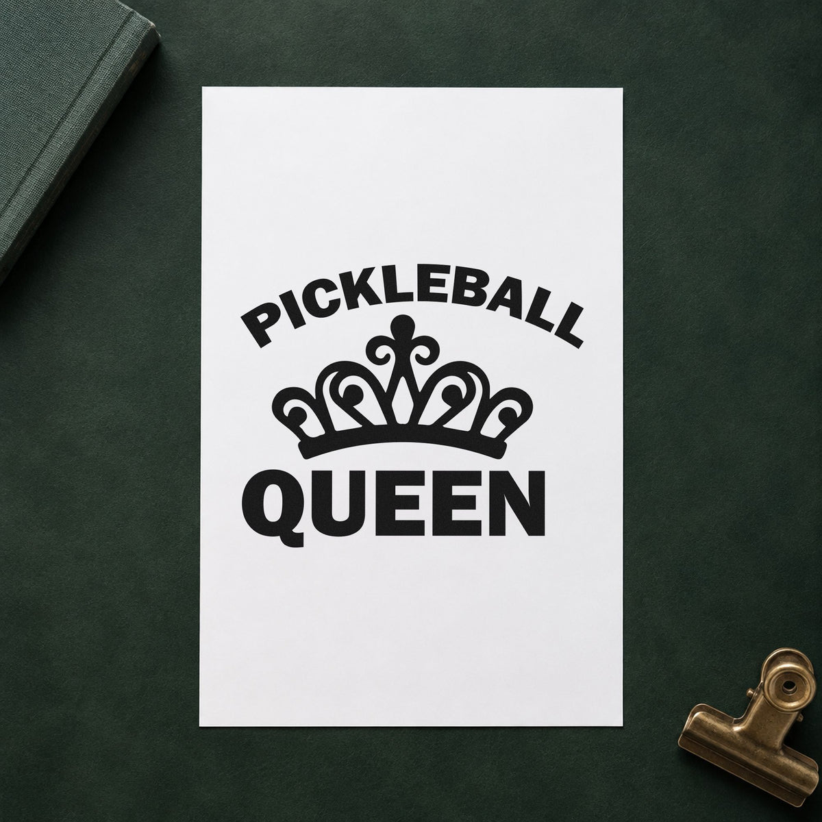 Pickleball Queen Crown Graphic craft stamp imprint in black ink on a handmade project, one idea being group prize tags.