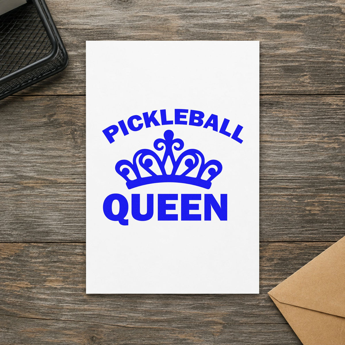 Pickleball Queen Crown Graphic craft stamp in blue ink on cardstock, an easy option for visor panel printing.