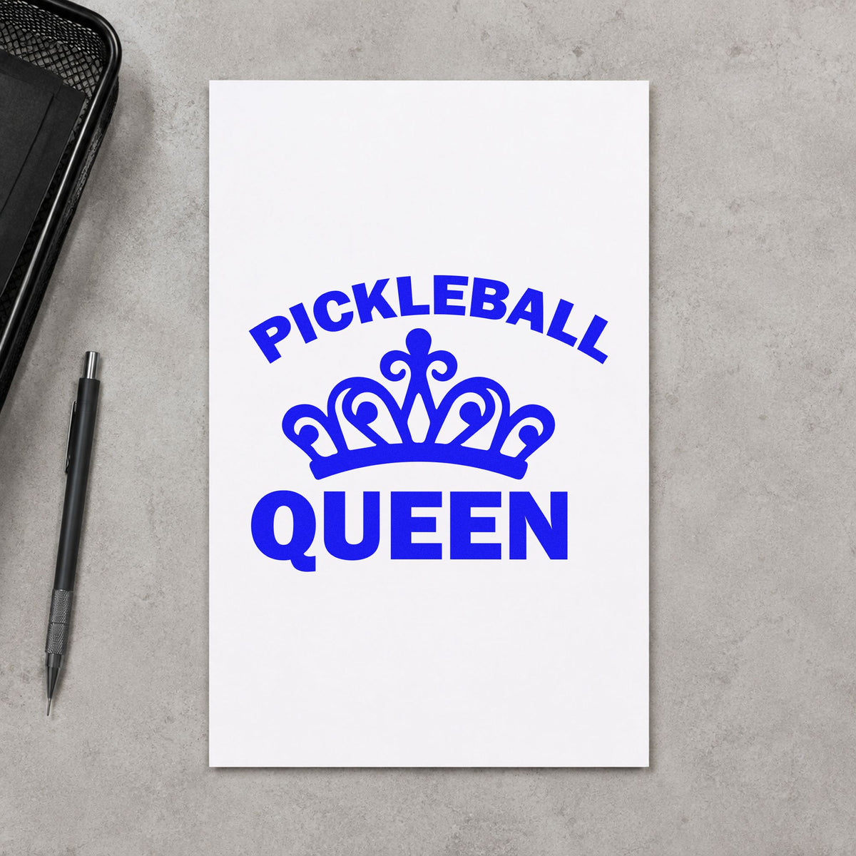 Pickleball Queen Crown Graphic craft stamp imprinted in blue ink on paper, a design suited to framed court shade.